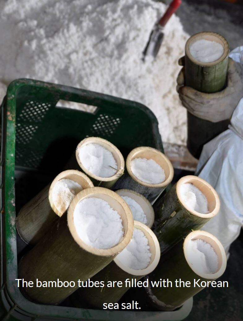 Bamboo salt filled in bamboo trunks